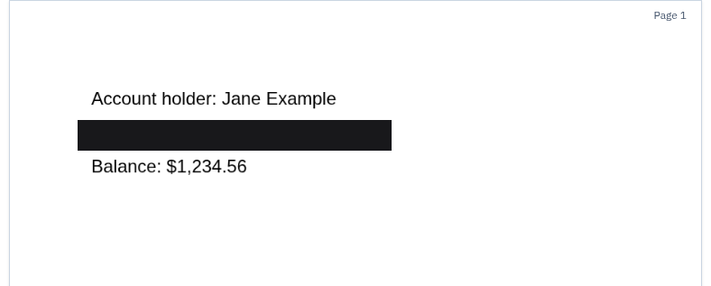 A black redaction box drawn over an account number in InkOut PDF