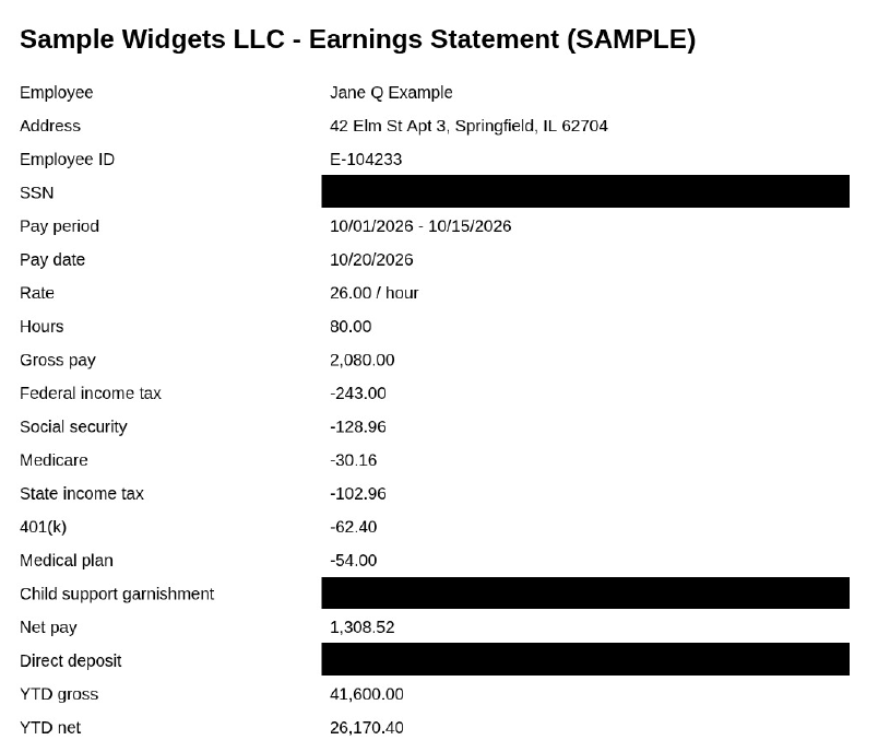A sample pay stub after redaction: black boxes over the SSN, the child support garnishment and the direct deposit line, with gross pay, net pay and year-to-date totals still visible