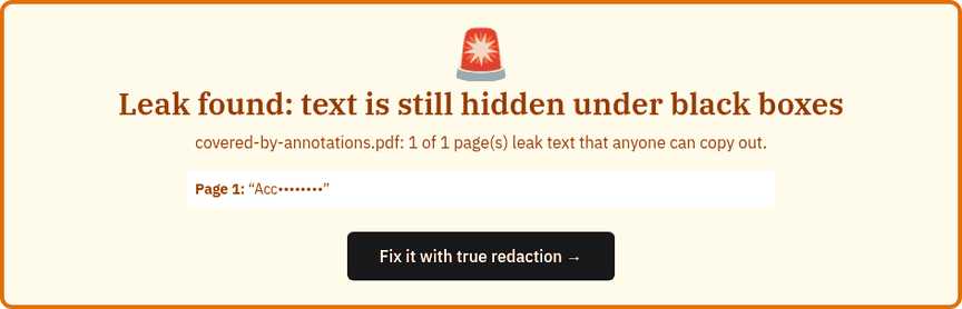 InkOut PDF's redaction checker reporting a leak: text is still hidden under black boxes on page 1