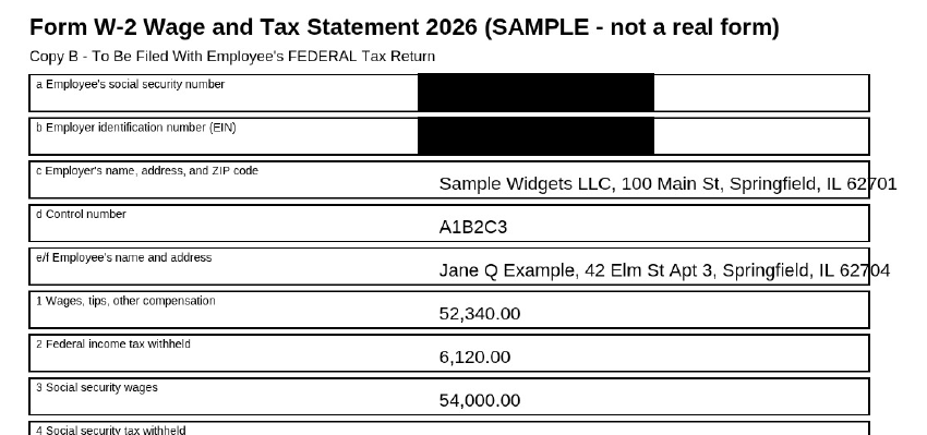 Copy B of a sample W-2 after redaction: black boxes over box a and box b, with the employer, the employee name and the wage boxes still readable