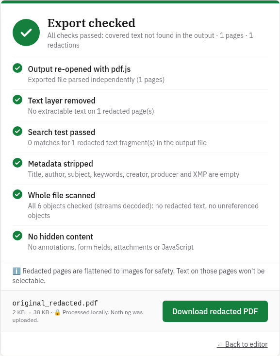 InkOut export check: all six checks passed for original_redacted.pdf, 2 KB → 38 KB